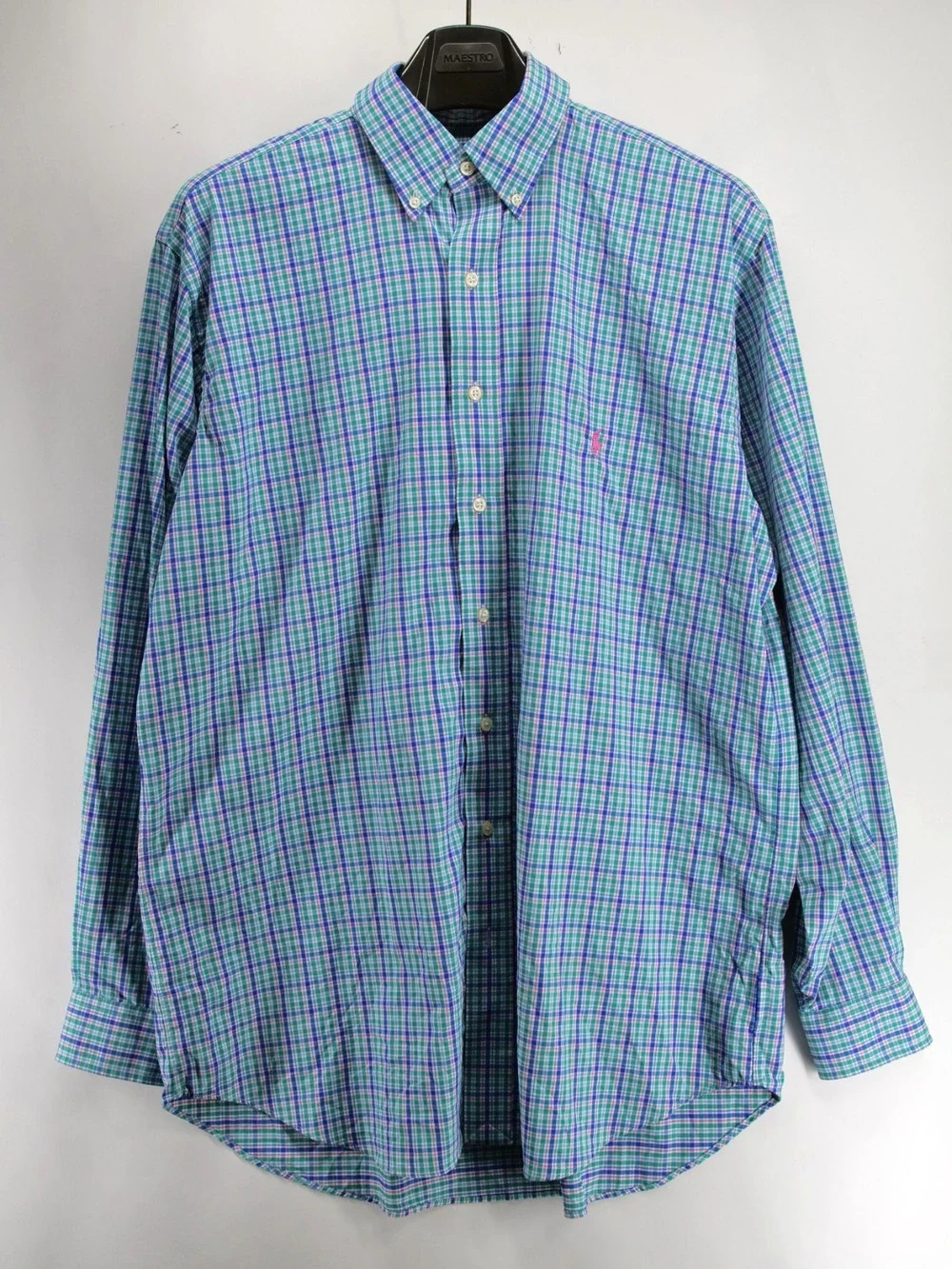 Polo Ralph Lauren Men Large Tall Blue Green Plaid Performance Casual Button Up